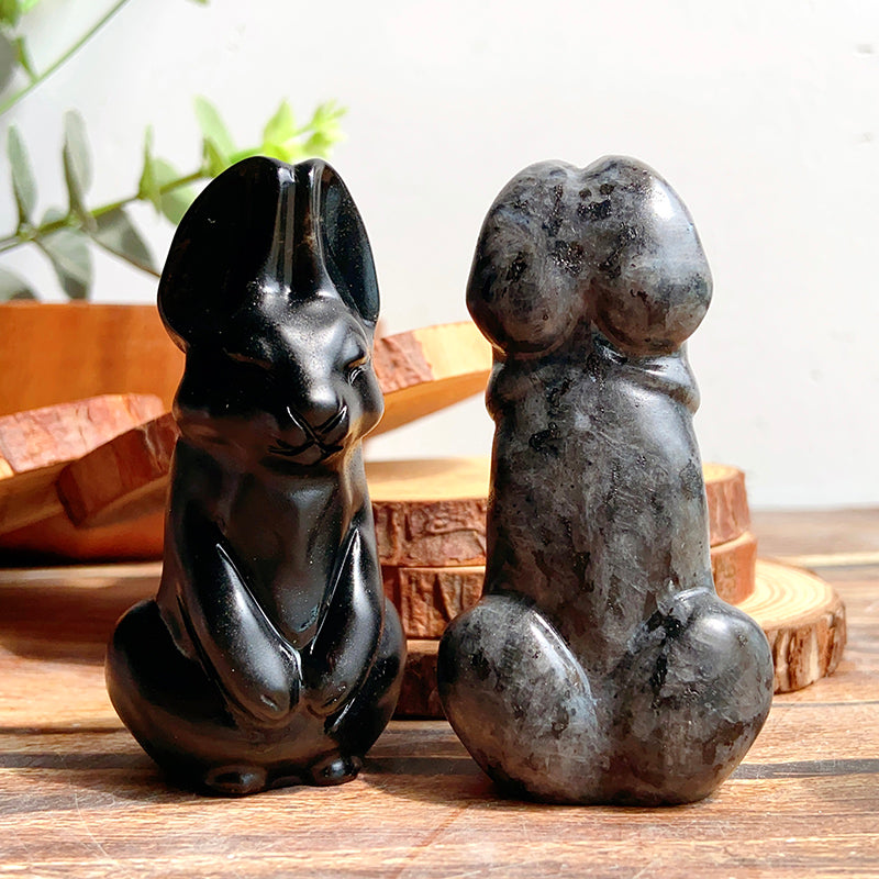 Cute Bunny/Rabbit Carvings (clear quartz & opalite & obsidian & larvikite)