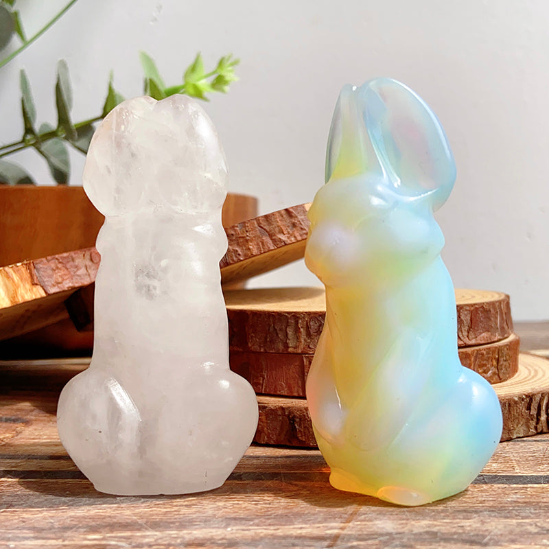 Cute Bunny/Rabbit Carvings (clear quartz & opalite & obsidian & larvikite)