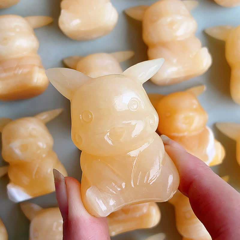 Orange Calcite Crystal Carving Cartoon Character Pikachu