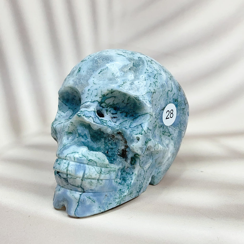 Green Moss Agate Carved Skulls Crystal Healing Energy Stone Crafts Halloween Home Decoration