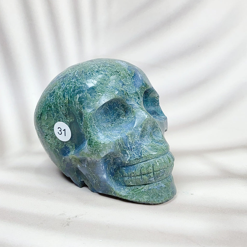 Green Moss Agate Carved Skulls Crystal Healing Energy Stone Crafts Halloween Home Decoration