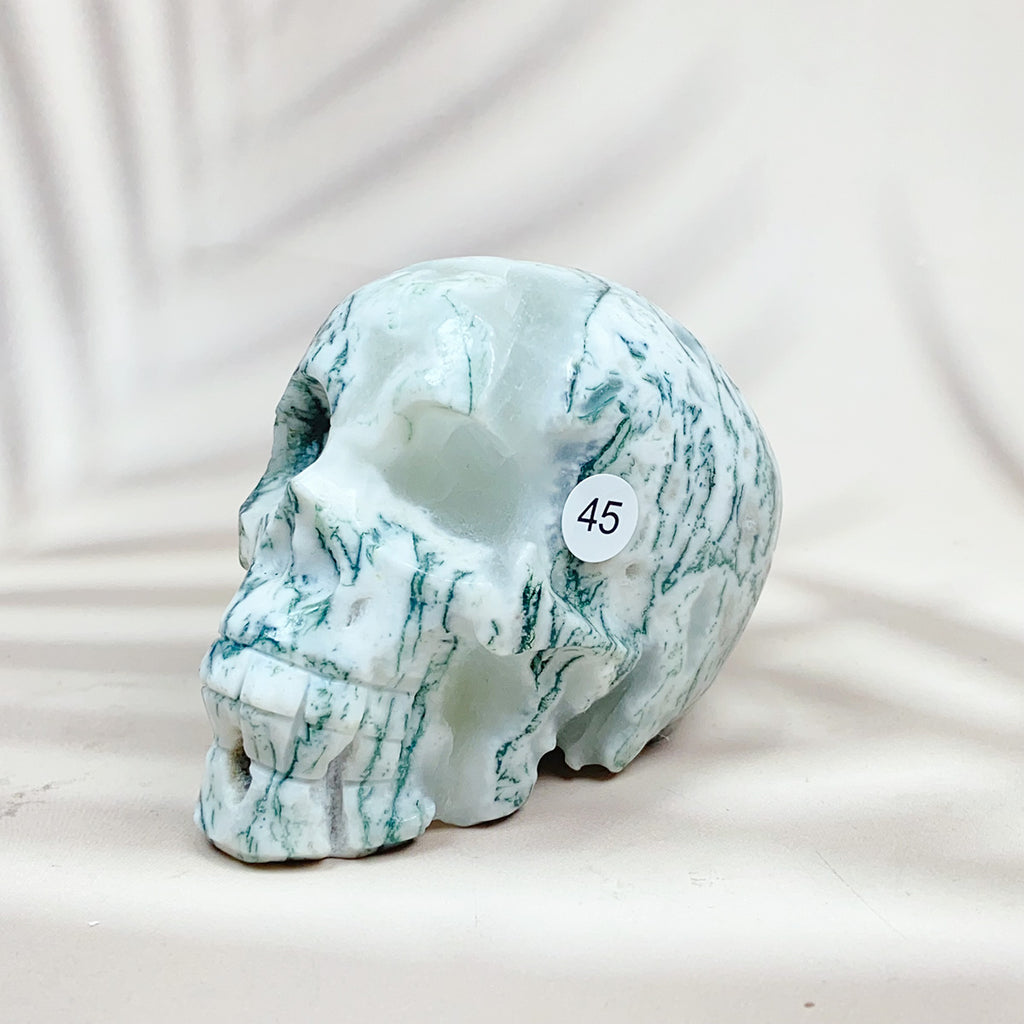 Green Moss Agate Carved Skulls Crystal Healing Energy Stone Crafts Halloween Home Decoration