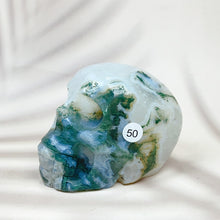 Load image into Gallery viewer, Green Moss Agate Carved Skulls Crystal Healing Energy Stone Crafts Halloween Home Decoration