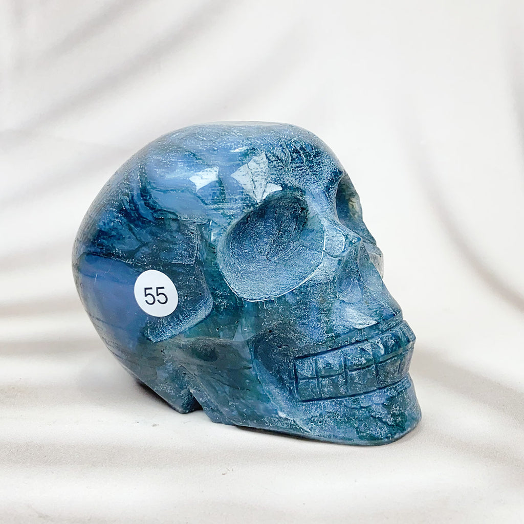 Green Moss Agate Carved Skulls Crystal Healing Energy Stone Crafts Halloween Home Decoration