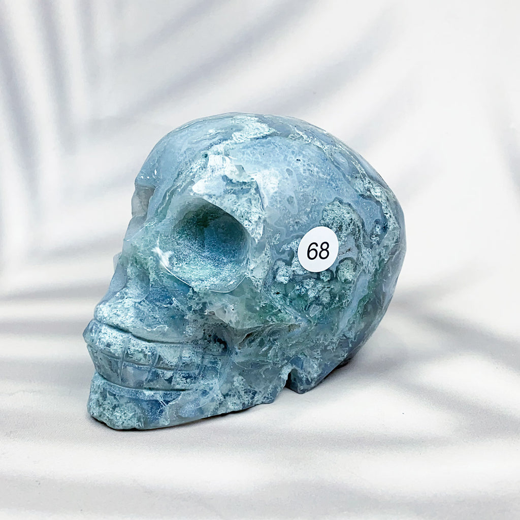 Green Moss Agate Carved Skulls Crystal Healing Energy Stone Crafts Halloween Home Decoration