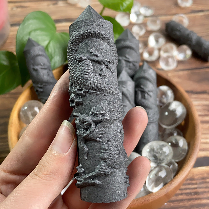 Shungite With Dragon Carvings Tower