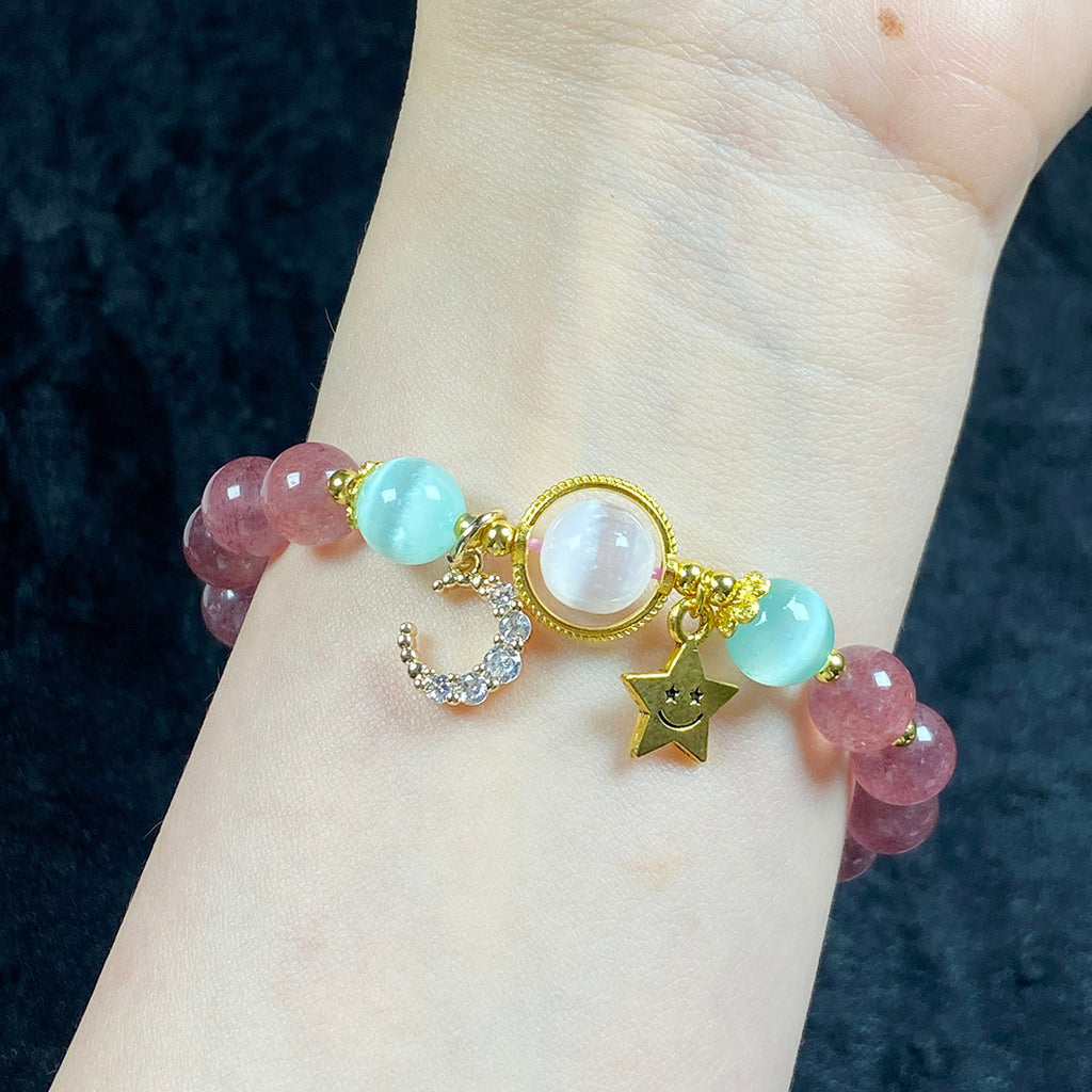 Strawberry Quartz Bracelets 8mm Selenite Bead Moon Star Accessory Bangle Crystal Jewelry