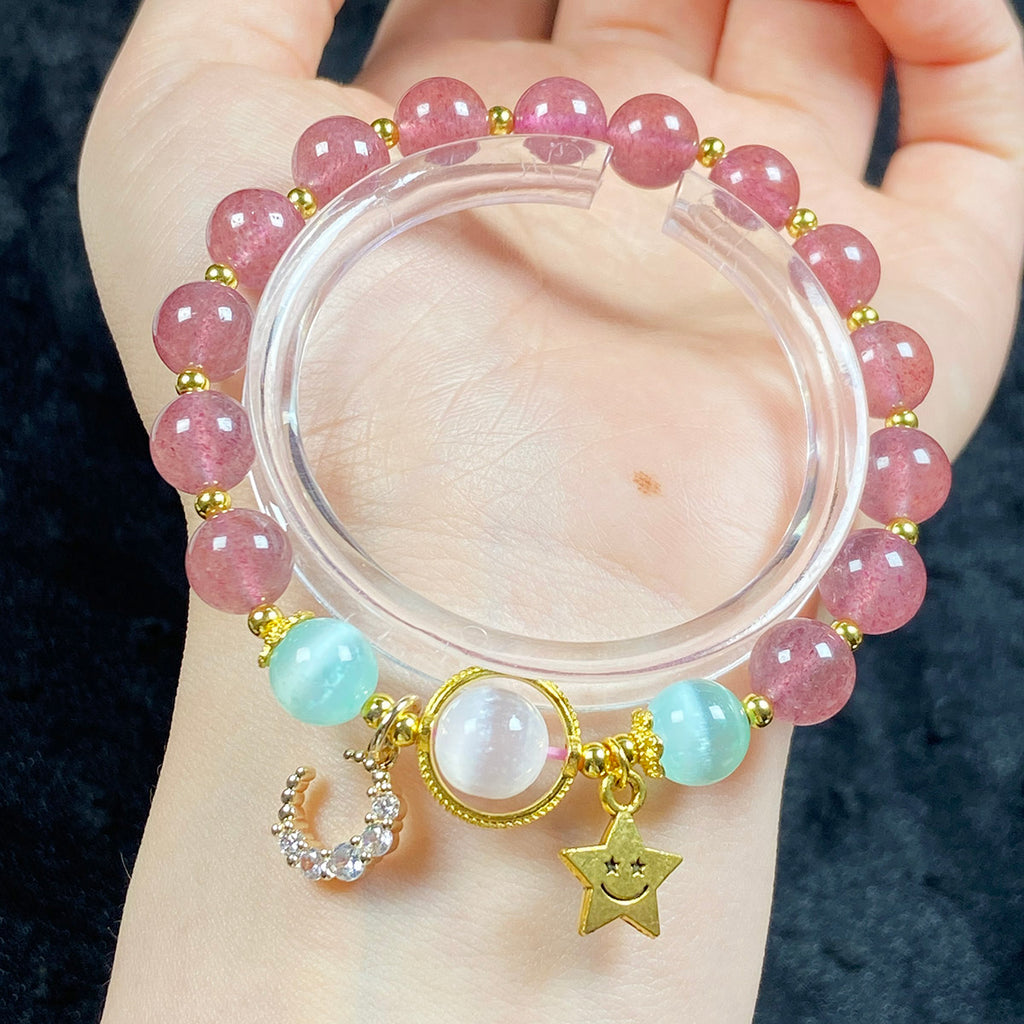 Strawberry Quartz Bracelets 8mm Selenite Bead Moon Star Accessory Bangle Crystal Jewelry