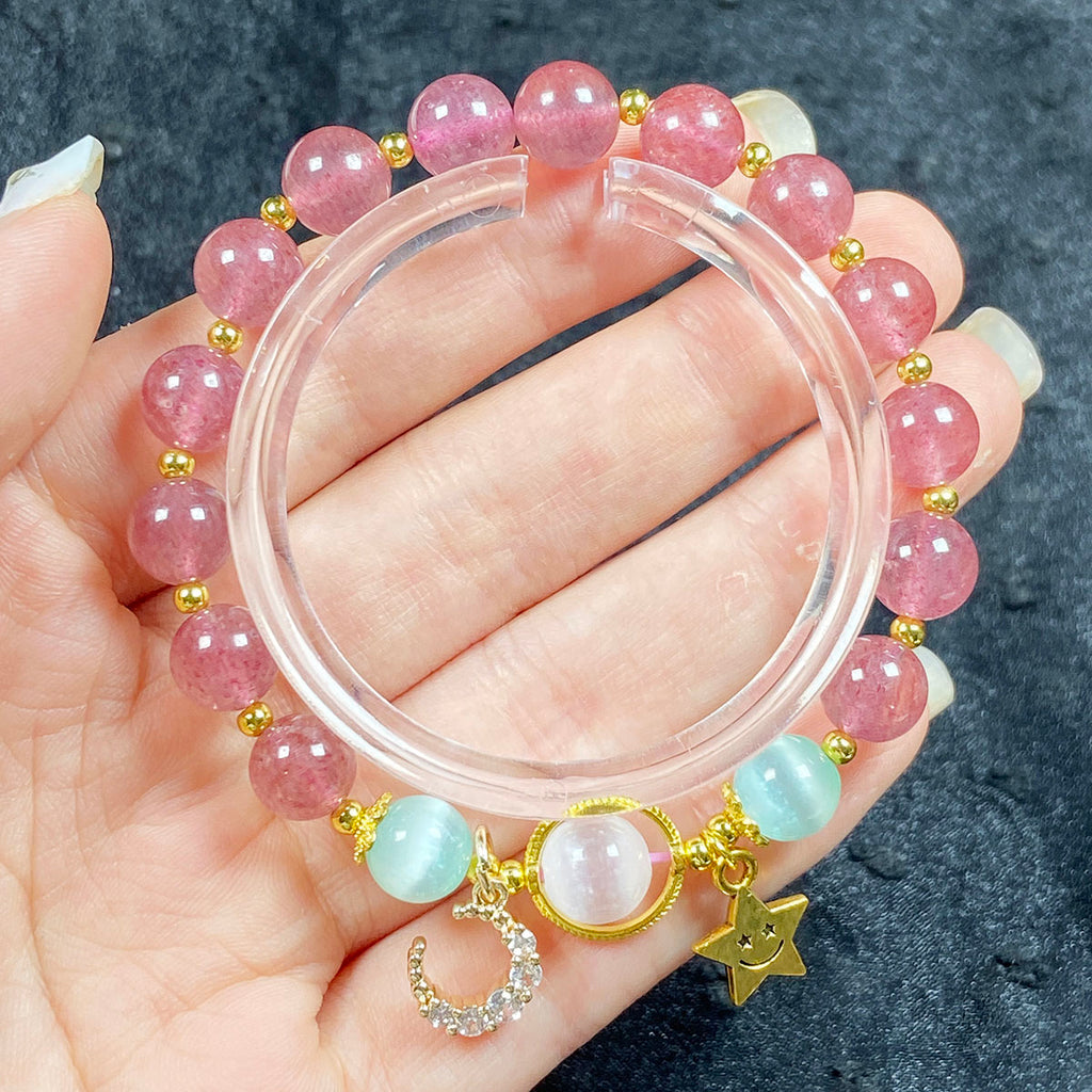 Strawberry Quartz Bracelets 8mm Selenite Bead Moon Star Accessory Bangle Crystal Jewelry