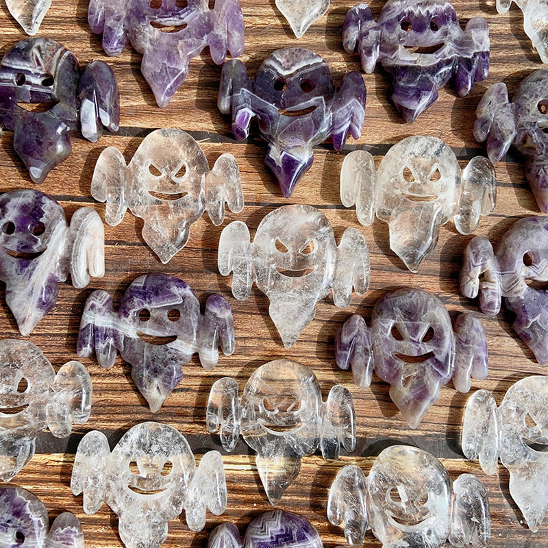 Dream Amethyst & Clear Quartz Halloween Ghost Carvings