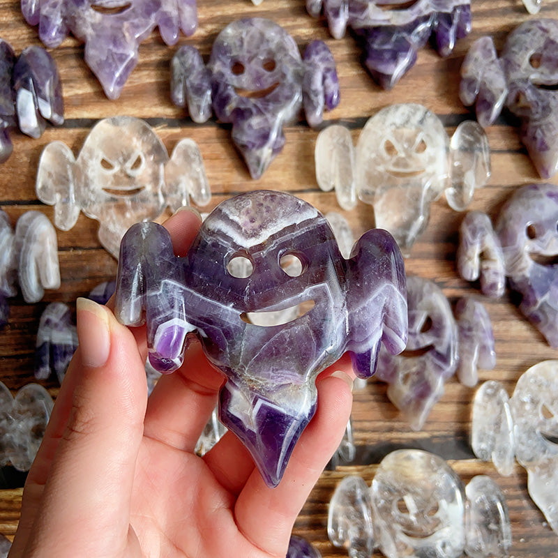 Dream Amethyst & Clear Quartz Halloween Ghost Carvings