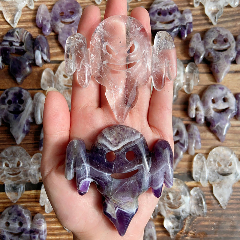 Dream Amethyst & Clear Quartz Halloween Ghost Carvings