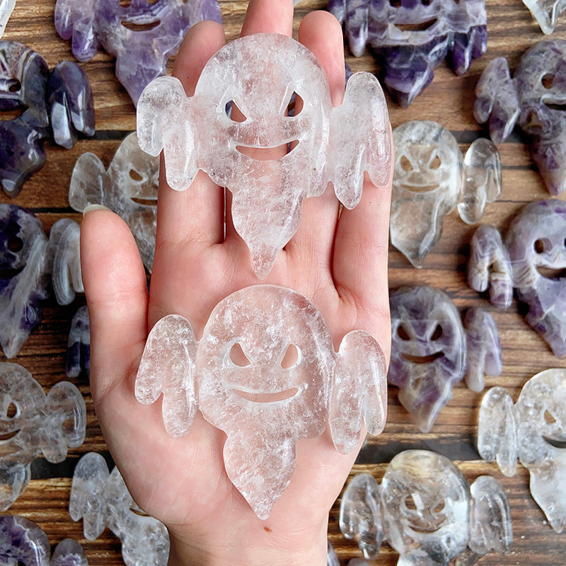 Dream Amethyst & Clear Quartz Halloween Ghost Carvings