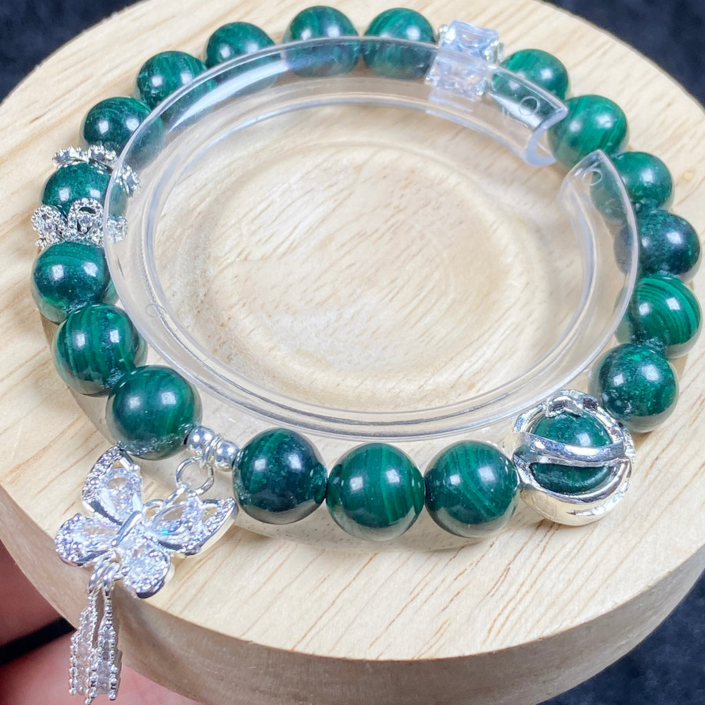 9mm Malachite Stone Zircon Butterfly Chain Bracelet Energy Crystal Healing Energy Yoga Elastic Jewelry