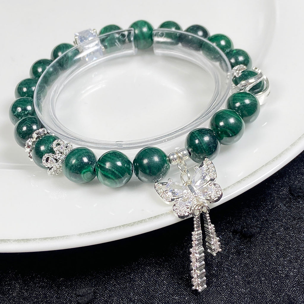 9mm Malachite Stone Zircon Butterfly Chain Bracelet Energy Crystal Healing Energy Yoga Elastic Jewelry