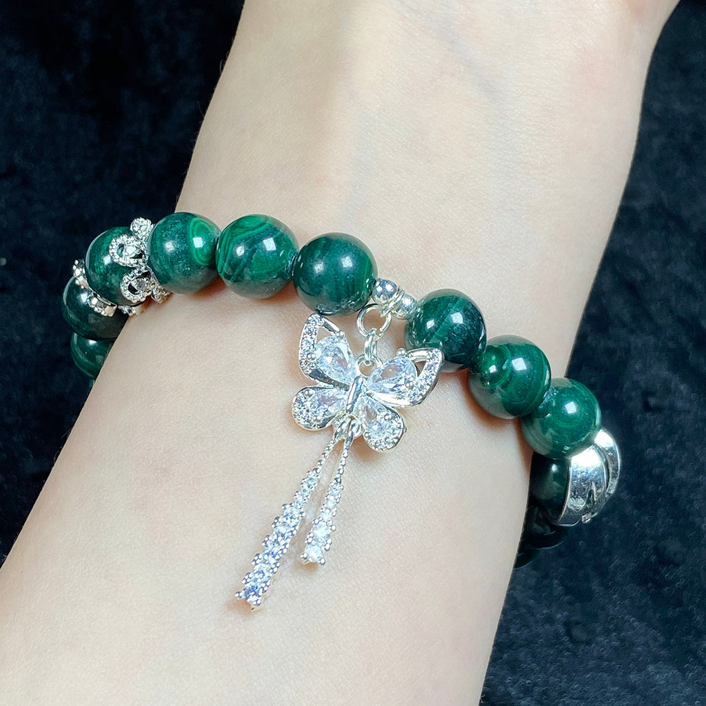 9mm Malachite Stone Zircon Butterfly Chain Bracelet Energy Crystal Healing Energy Yoga Elastic Jewelry