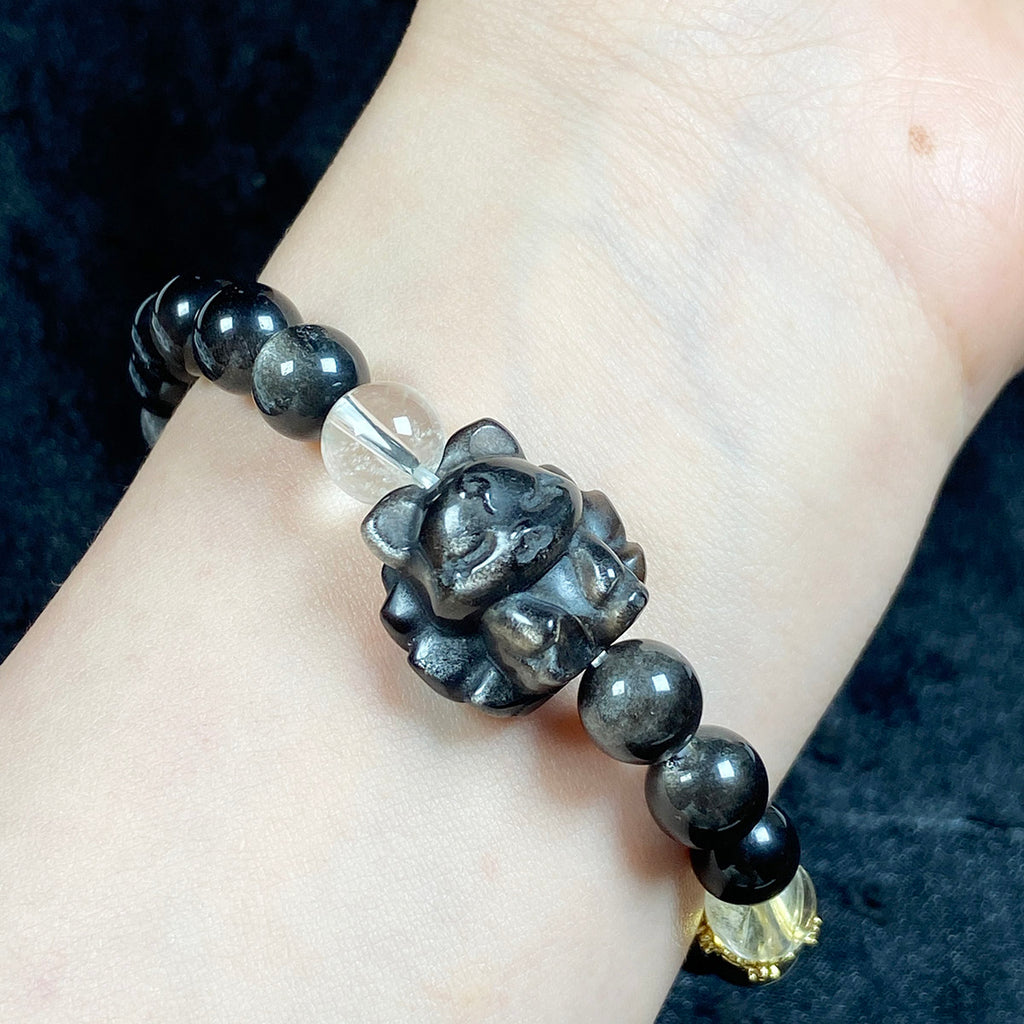 8mm Silver Color Shiny Obsidian Bead Nine-Tailed Fox Crystal Bracelet