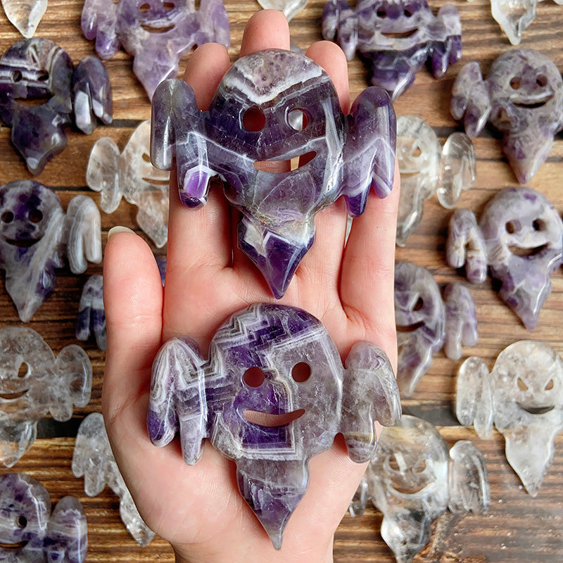 Dream Amethyst & Clear Quartz Halloween Ghost Carvings