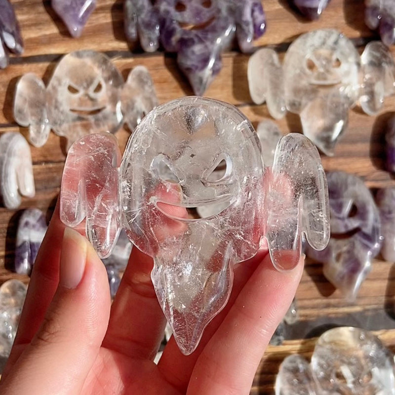 Dream Amethyst & Clear Quartz Halloween Ghost Carvings