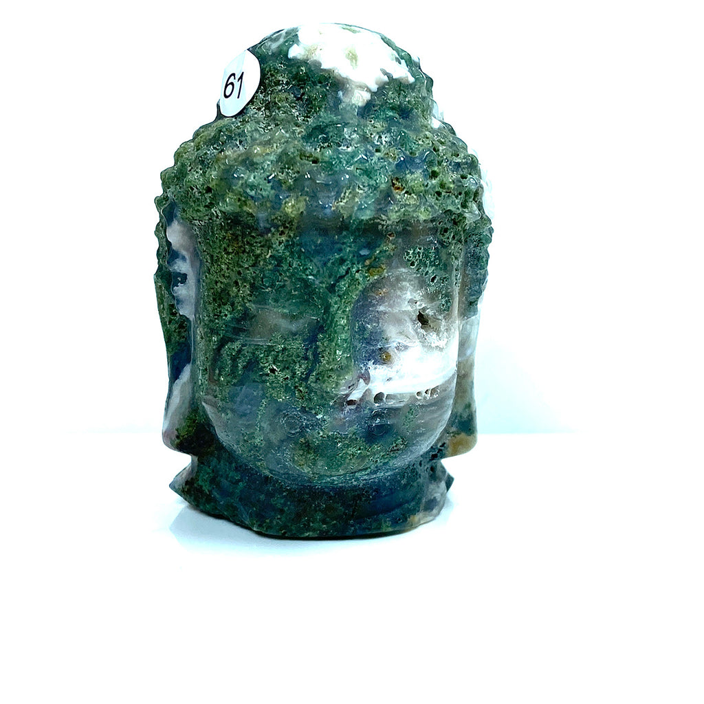 Moss Agate Buddha Head Crystal Healing Carving Figurine Polished Green Gemstones Sculpture Crafts Home Decor