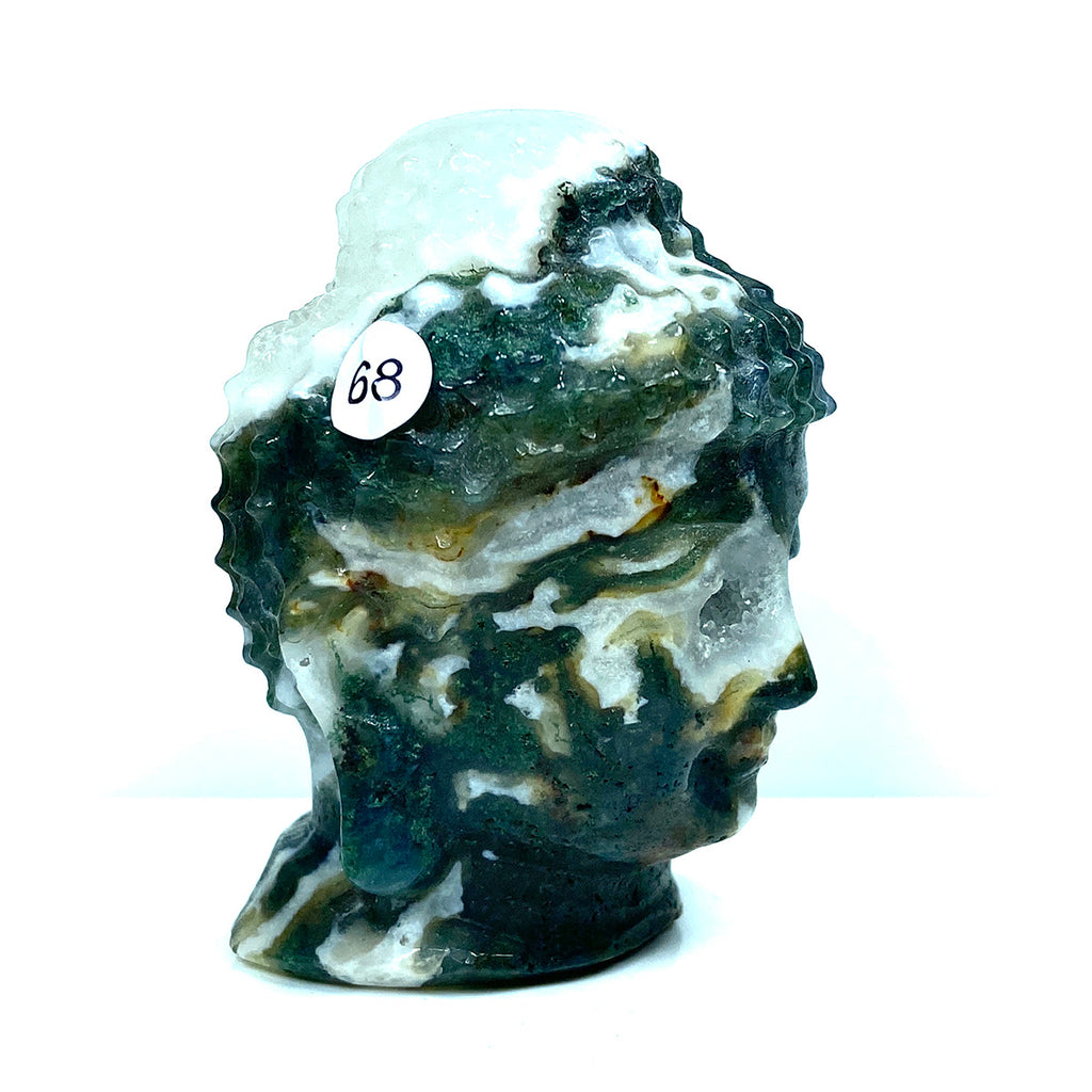 Moss Agate Buddha Head Crystal Healing Carving Figurine Polished Green Gemstones Sculpture Crafts Home Decor