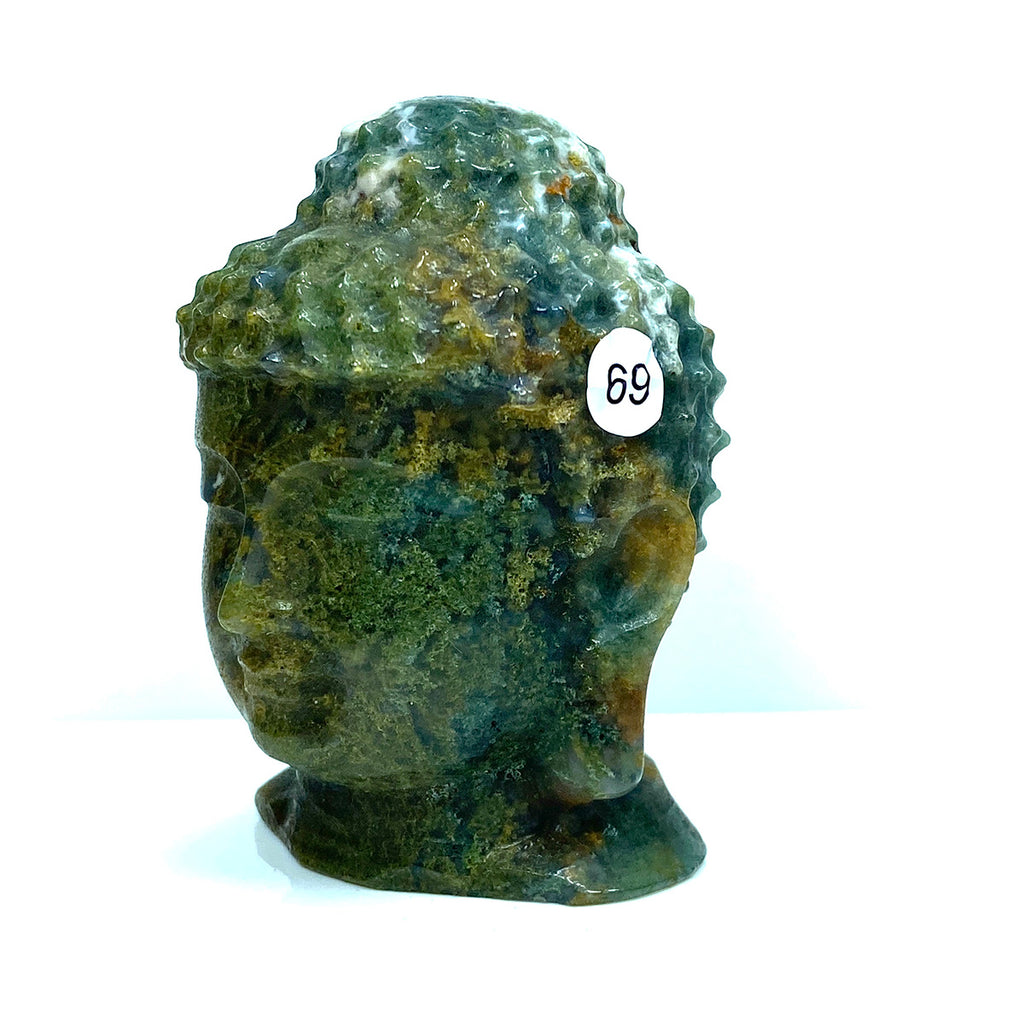 Moss Agate Buddha Head Crystal Healing Carving Figurine Polished Green Gemstones Sculpture Crafts Home Decor