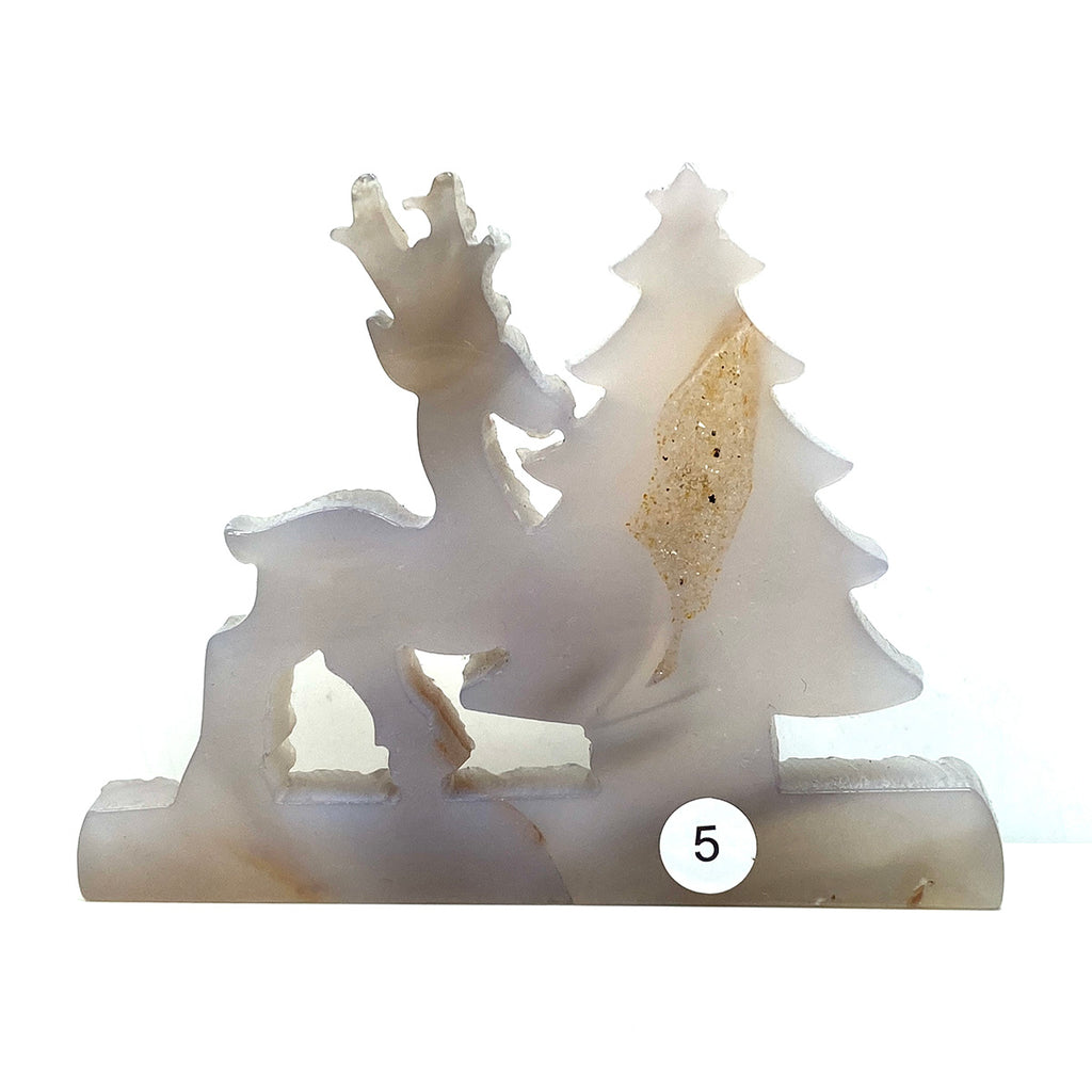 Druzy Agate Christmas Tree Deer Sculpture Hand Carved Crystal Healing Gemstone Home Decoration