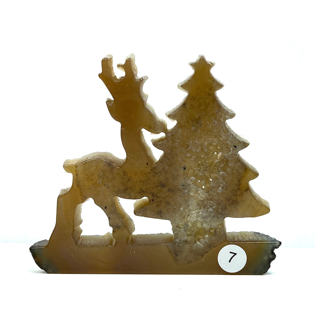 Druzy Agate Christmas Tree Deer Sculpture Hand Carved Crystal Healing Gemstone Home Decoration