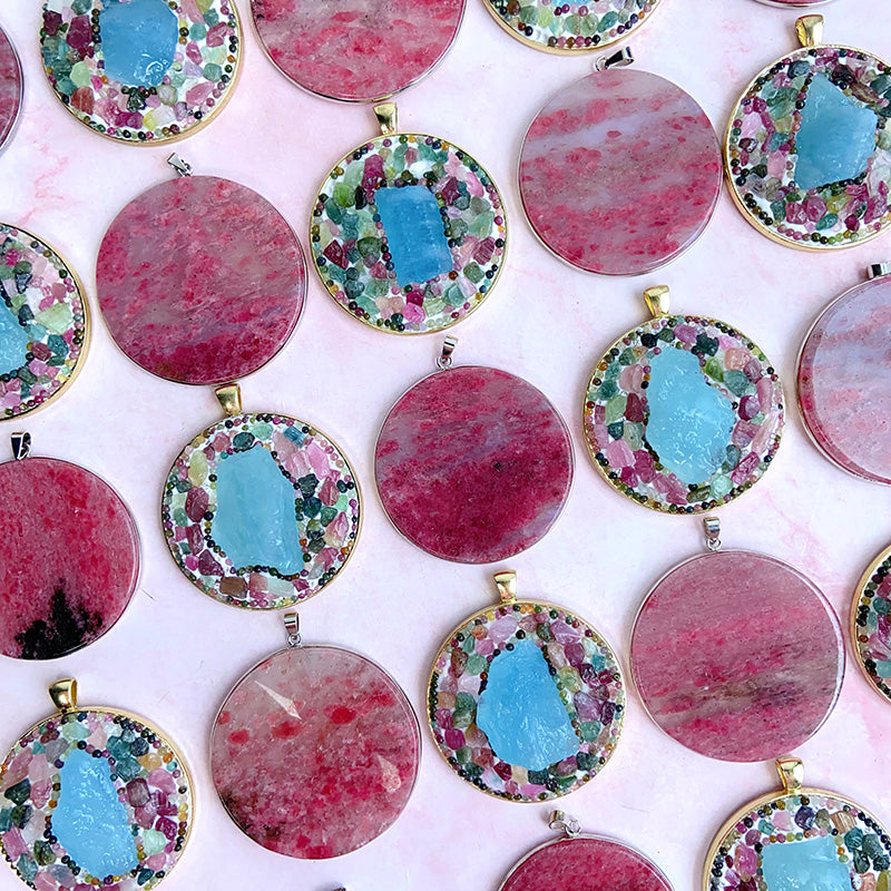 Rhodonite Pendants & Aquamarine With Tourmaline Pendants