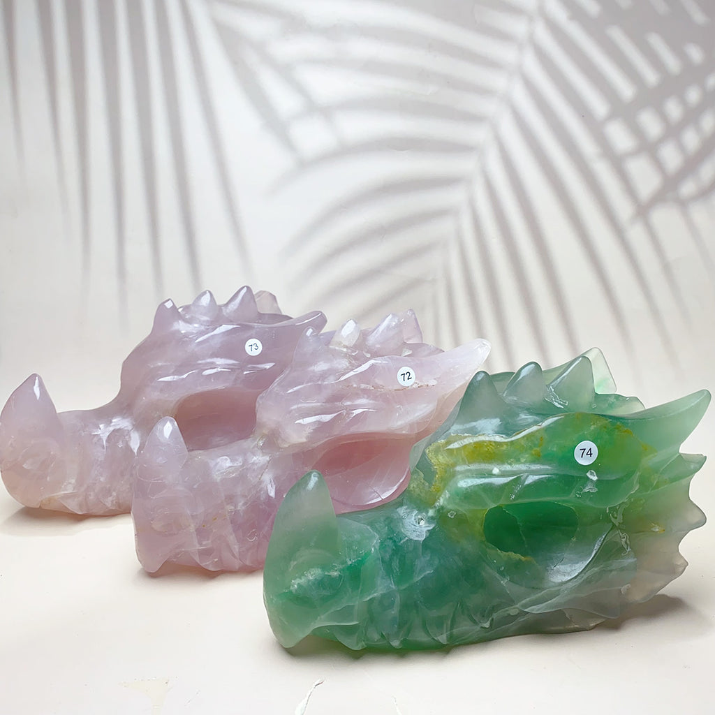 1Pc Natural Rose Quartz with green fluorite Crystal Carved  Dragon Head Statue Reiki Energy Crystal Gemstone Craft Home Decoration Gift