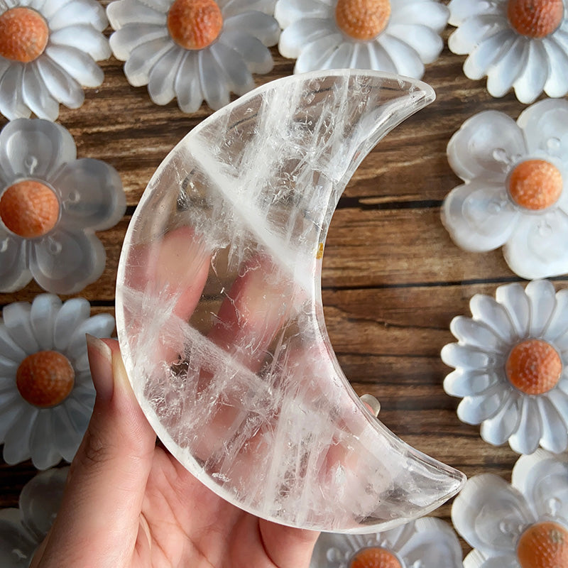 Clear Quartz Moon & Rose Quartz Moon & Selenite Flower Carving