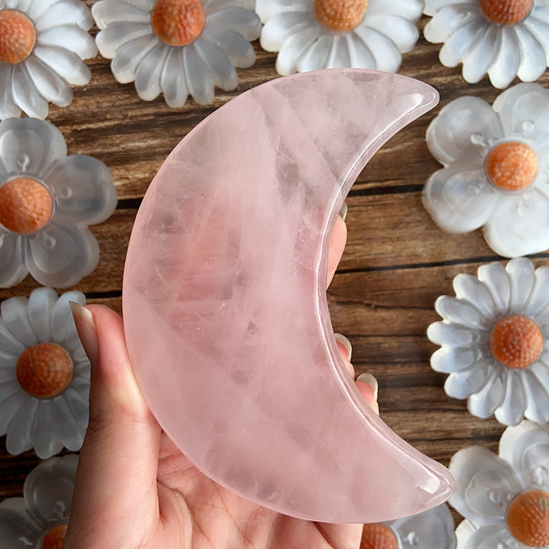 Clear Quartz Moon & Rose Quartz Moon & Selenite Flower Carving