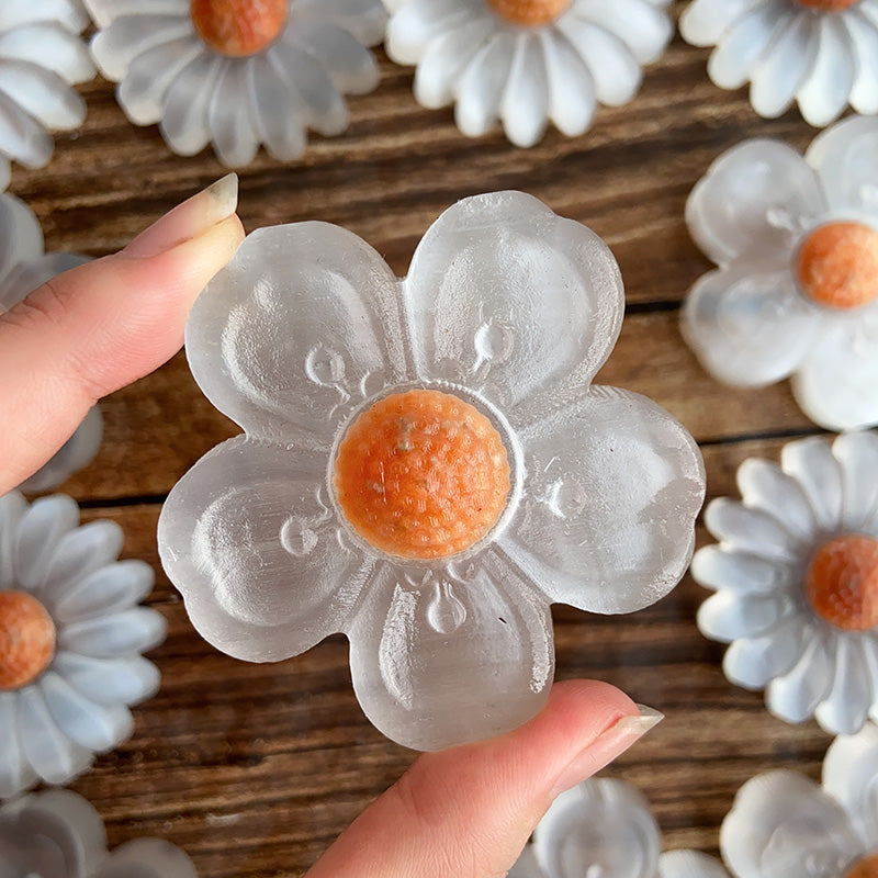 Clear Quartz Moon & Rose Quartz Moon & Selenite Flower Carving