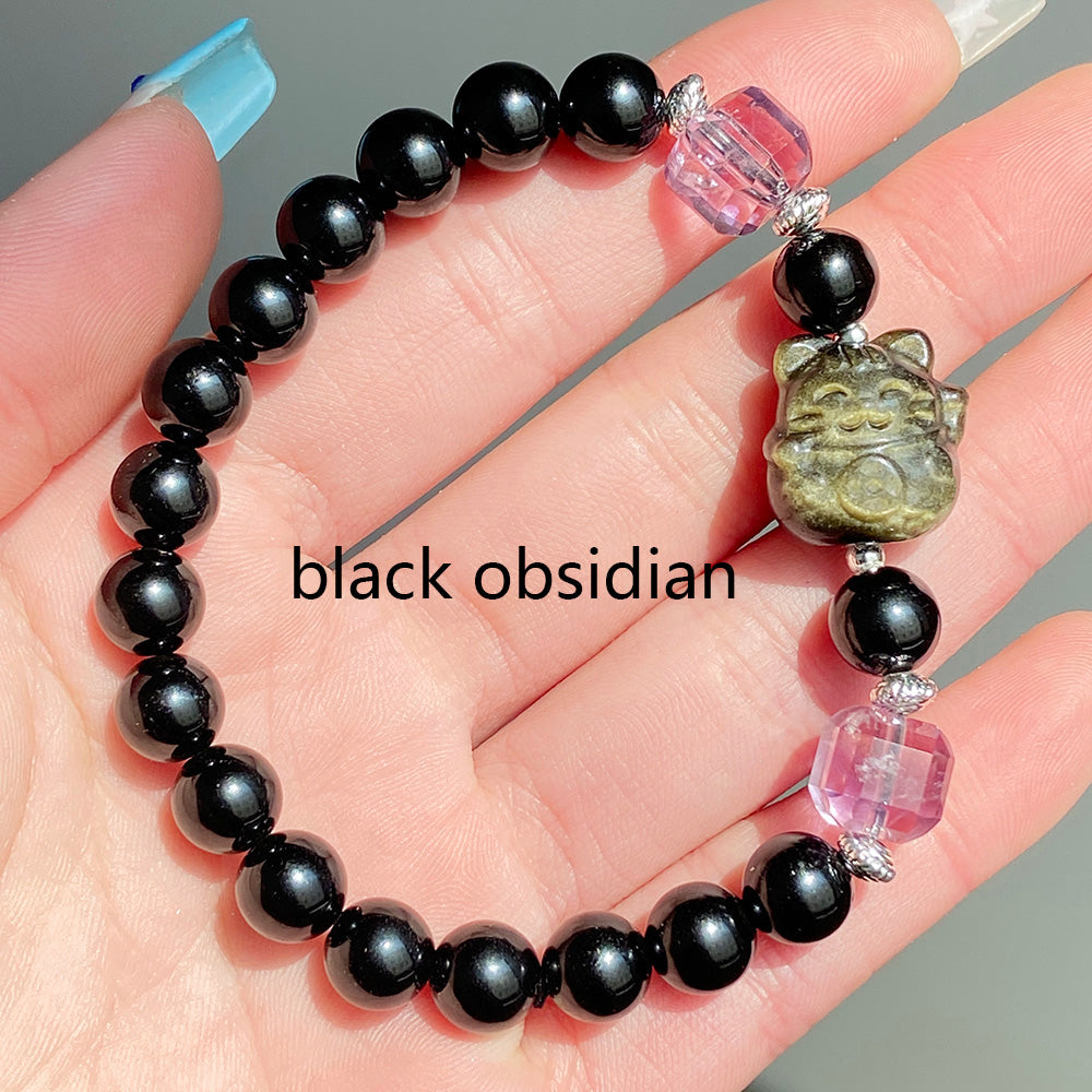 Golden Obsidain Maneki Neko Carving Style Crystal Bracelet Jewellry