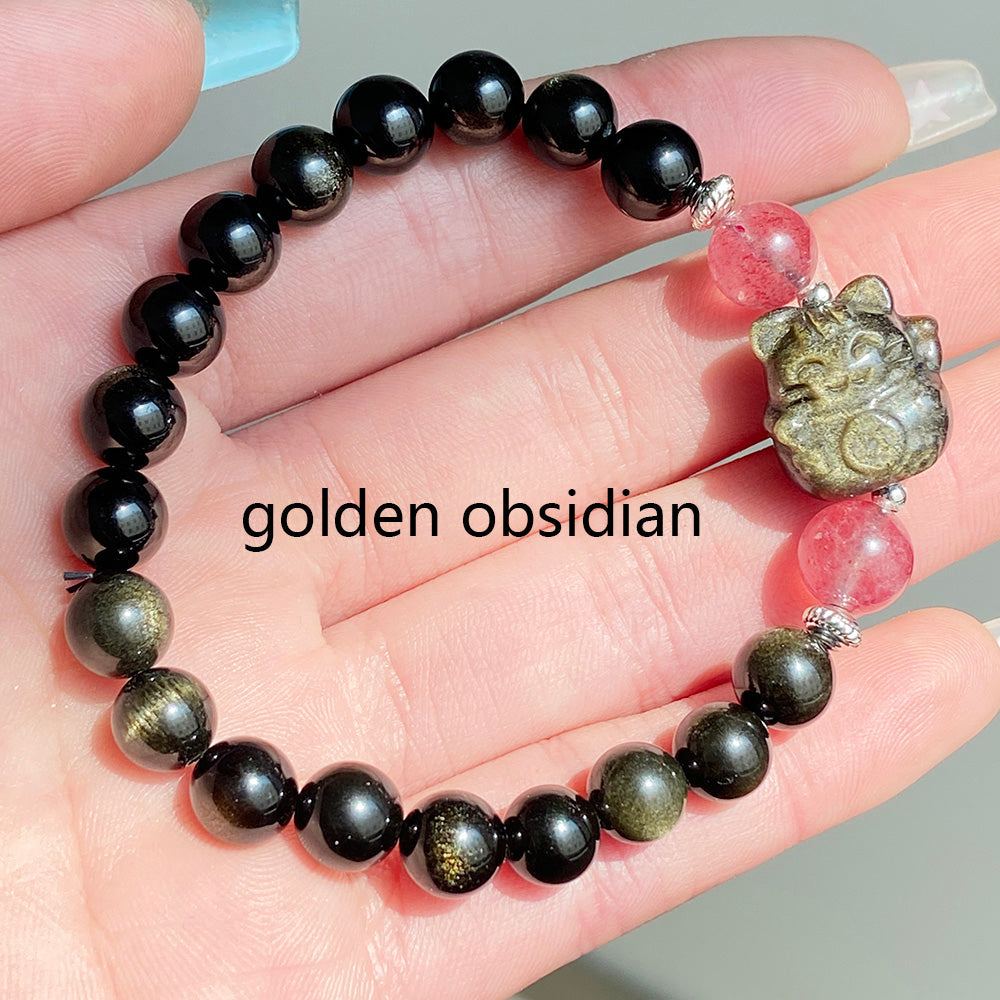 Golden Obsidain Maneki Neko Carving Style Crystal Bracelet Jewellry