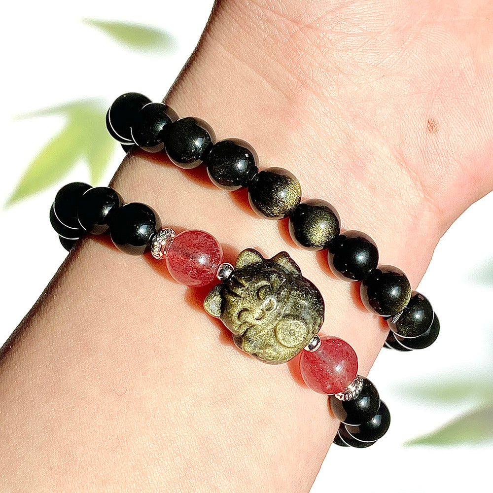 Golden Obsidain Maneki Neko Carving Style Crystal Bracelet Jewellry