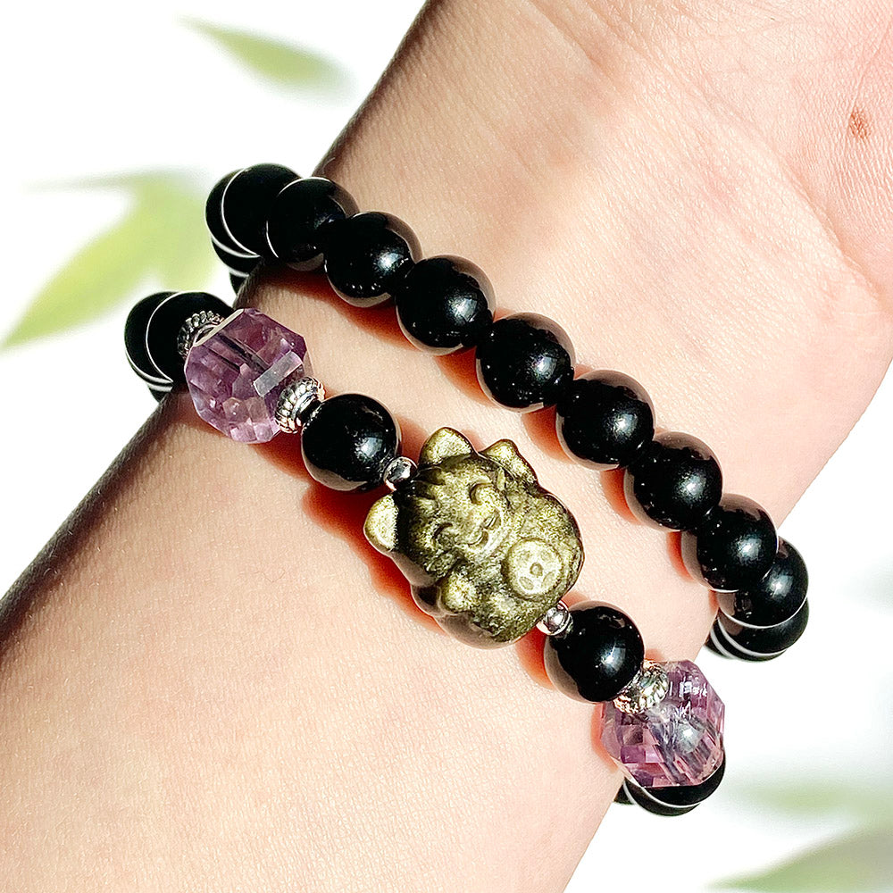 Golden Obsidain Maneki Neko Carving Style Crystal Bracelet Jewellry