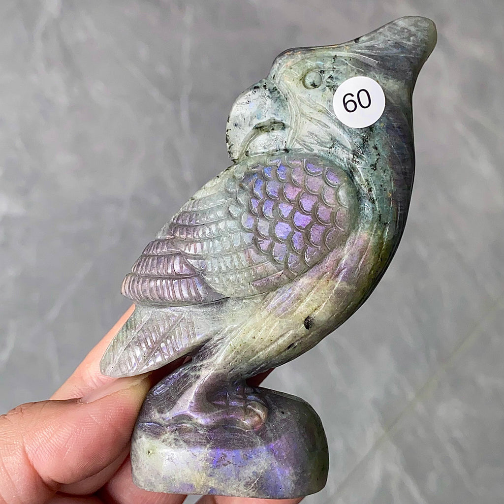 Natural Purple Light Pull Feldspar Crystal Carved Animal Owl And Reiki Bird Energy Home Decoration Crafts Gift