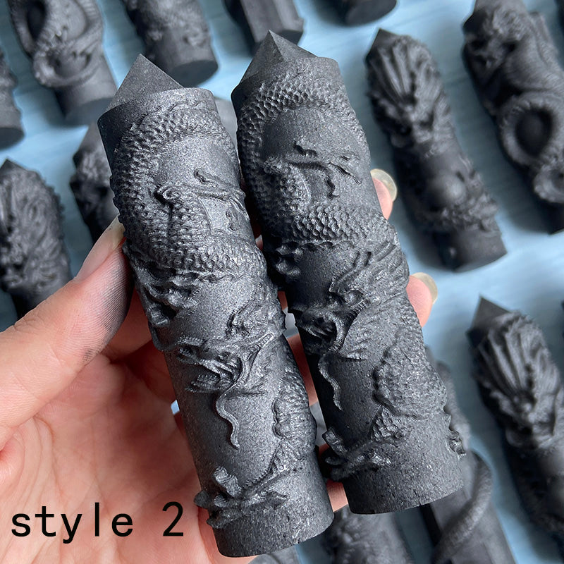 Shungite Tower With Different Styles Dragon Carving