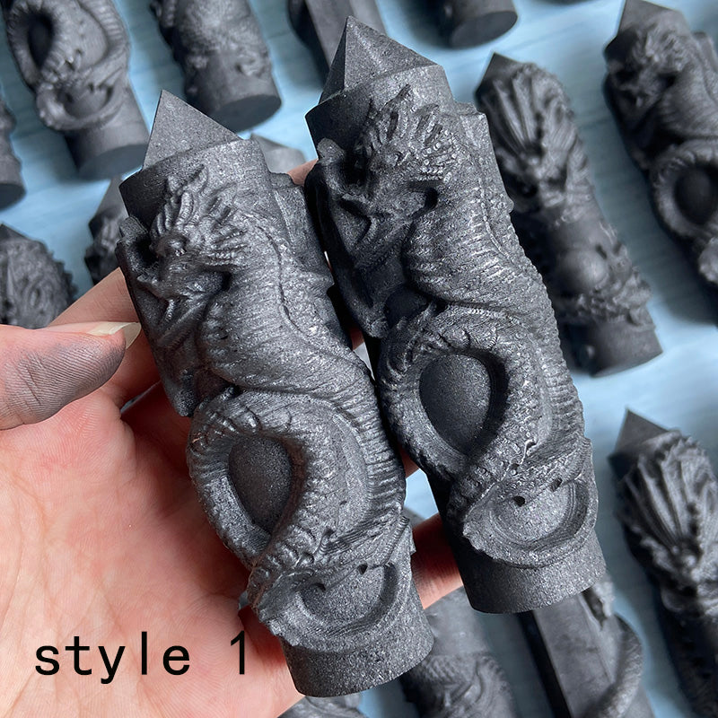 Shungite Tower With Different Styles Dragon Carving