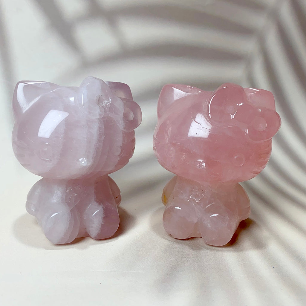 Natural Clear Quartz & Rose Quartz Crystal Carving Cute Hello Kitty Gem Sculpture Home Decoration Gift