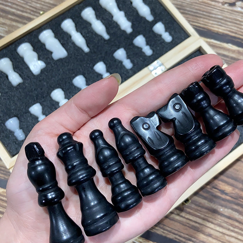 Crystal Chess Set Carvings Obsidian & White Jade