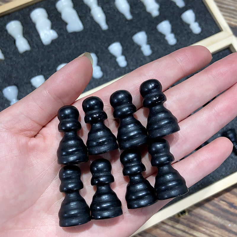 Crystal Chess Set Carvings Obsidian & White Jade