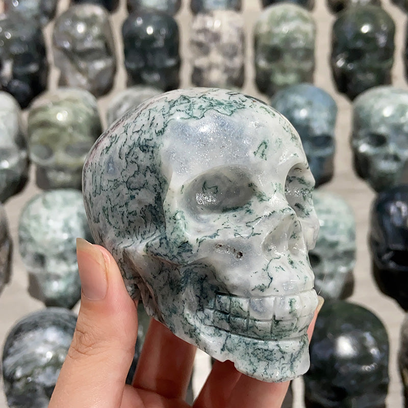 Natural Moss Agate Skulls Crystal Stone Carvings