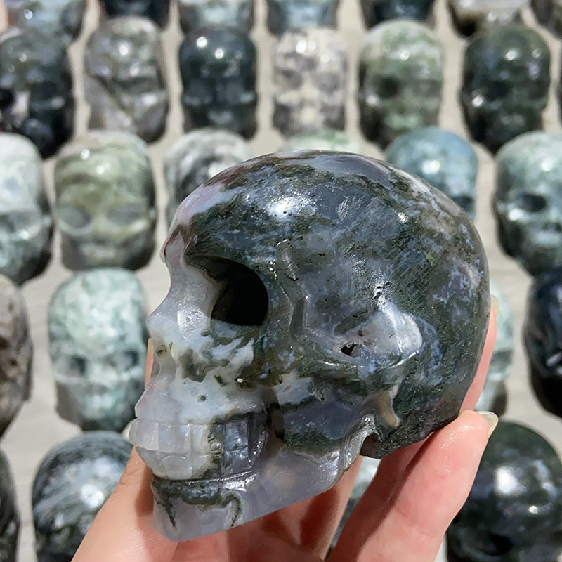 Natural Moss Agate Skulls Crystal Stone Carvings