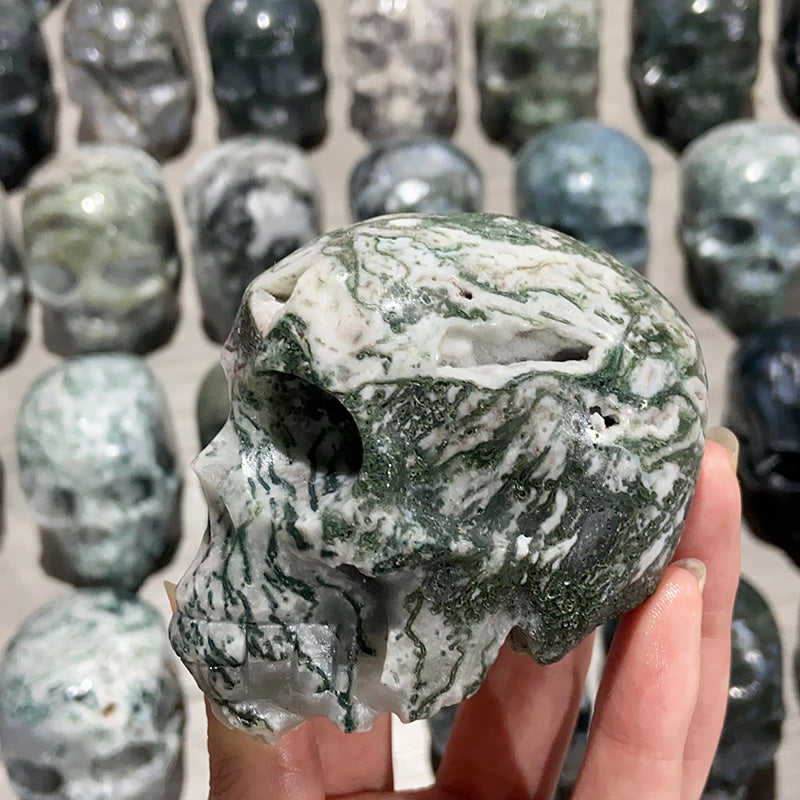 Natural Moss Agate Skulls Crystal Stone Carvings