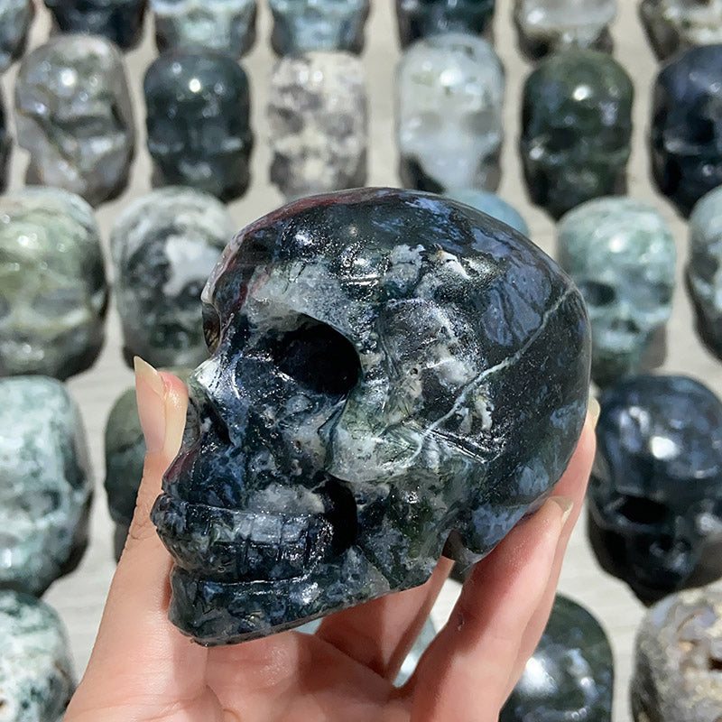 Natural Moss Agate Skulls Crystal Stone Carvings