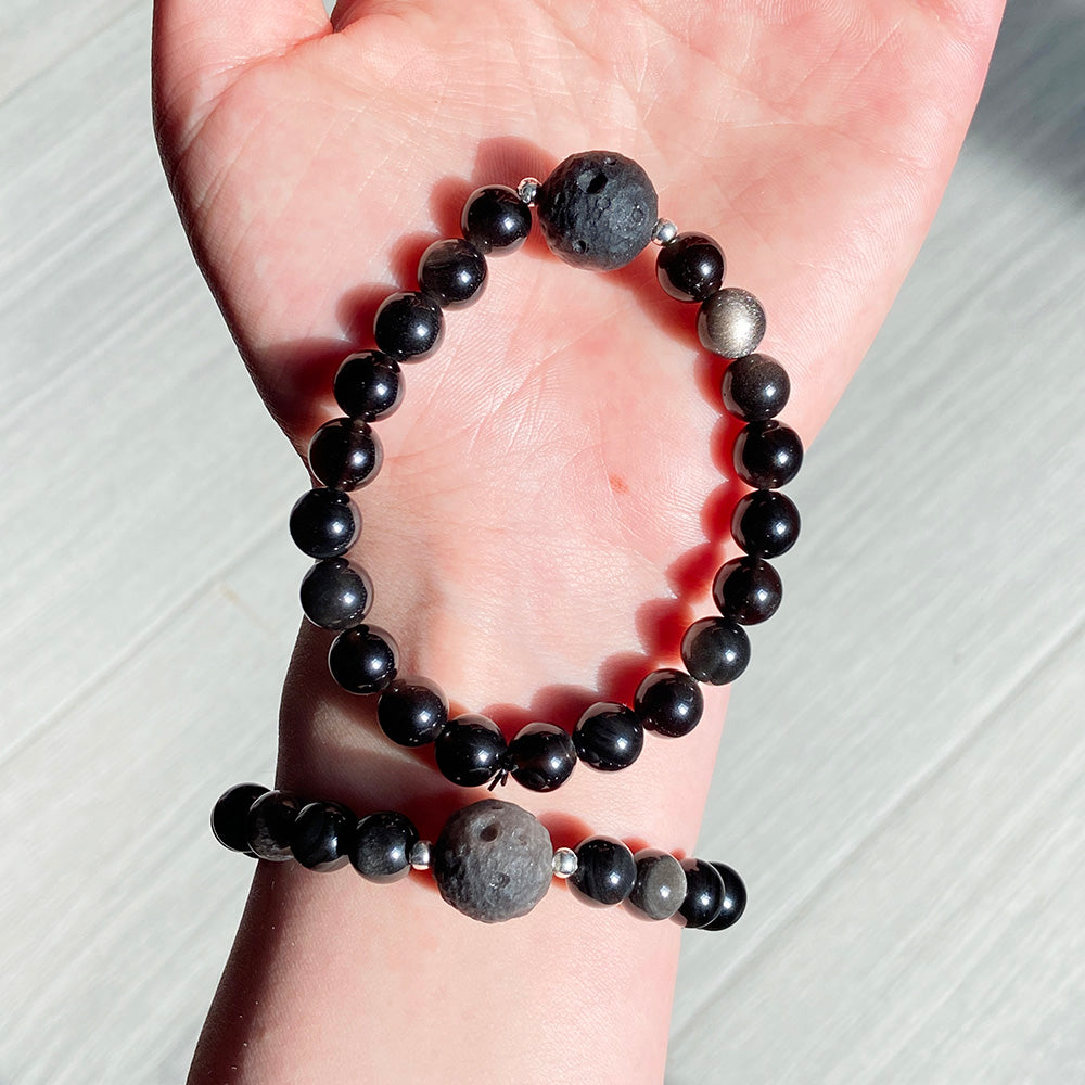 Obsidian Dragon Head &Lion & Moon Carving Beads Crystal Bracelet