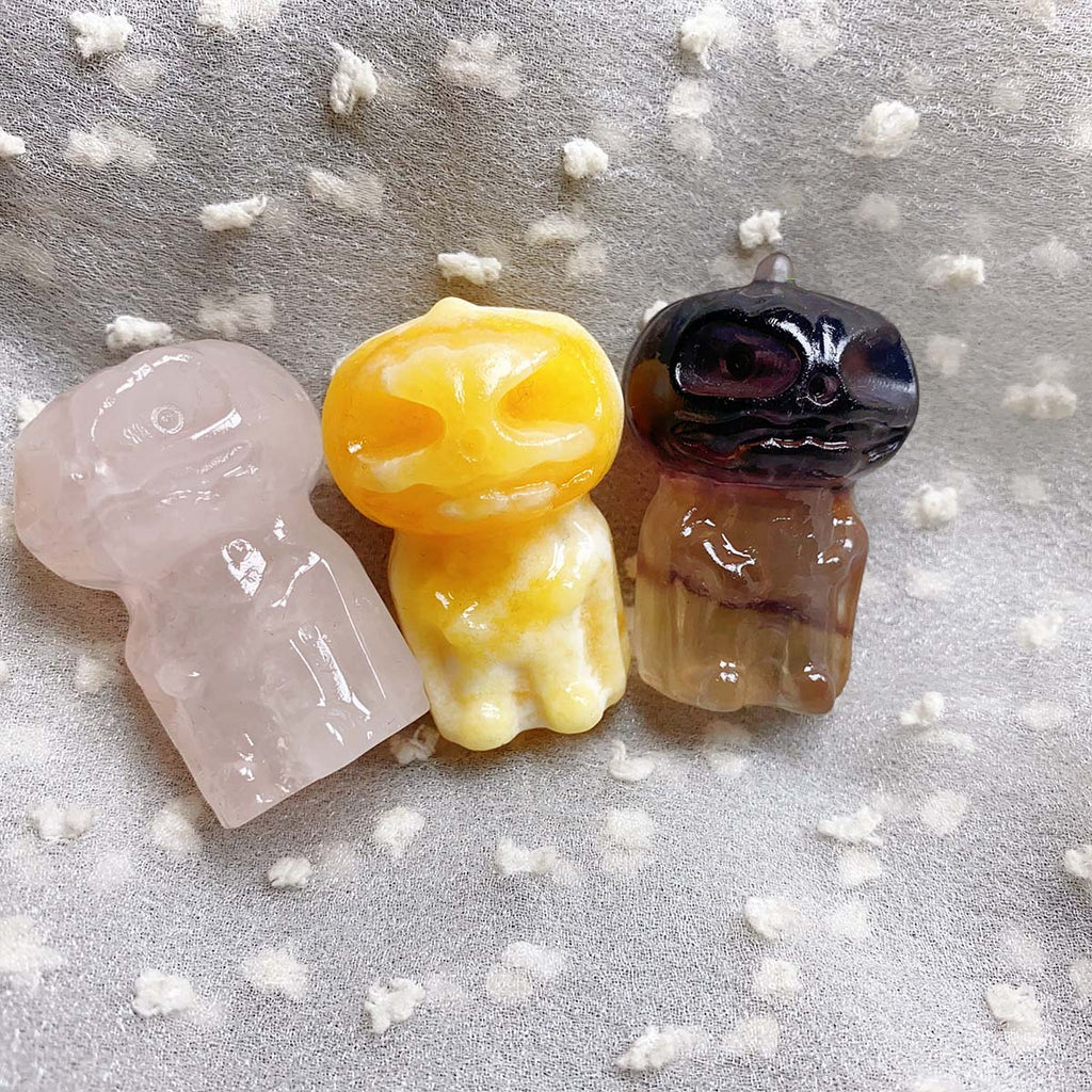 1PC Rose Quartz & Fluorite & Orange Calcite Crystal Carved Pumpkin Skulls For Halloween Home Decor Reiki Crystal Energy Gem Crafts Gift