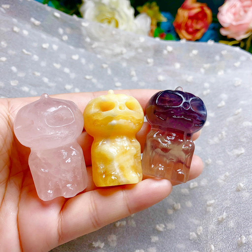 1PC Rose Quartz & Fluorite & Orange Calcite Crystal Carved Pumpkin Skulls For Halloween Home Decor Reiki Crystal Energy Gem Crafts Gift